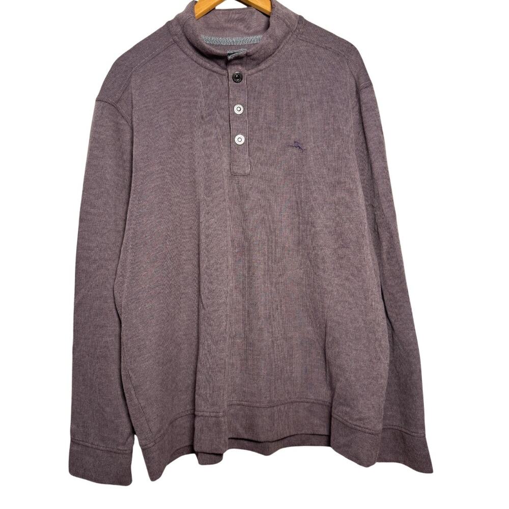 Tommy Bahama Men's Mock Neck Ribbed Quarter Button Up Sweater XXL Purple Cotton